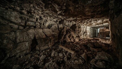 Fototapeta premium Underground mine tunnel with rocks and wooden stairs. Exploration and mining concept. Cave and excavation. The concept of geological excavation and mining technology