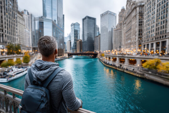 Cityscape view of a man gazing at the Chicago River amidst towering skyscrapers