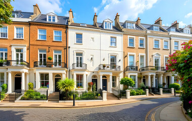 Beautiful homes on a cobblestone street in a small, upscale neighborhood in London, UK.