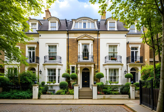 Beautiful homes on a cobblestone street in a small, upscale neighborhood in London, UK.