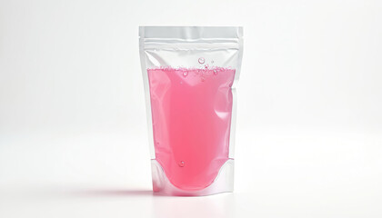 Pink liquid fills transparent plastic stand up pouch. Bubbles float on surface of vibrant beverage. Single flexible retail package sits isolated on clean white background. Modern food cosmetic