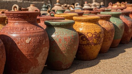 Colorful pottery jars arranged outdoors, showcasing various designs and textures. Traditional, decorative, and ancient pottery. Cultural and artisanal craftsmanship.