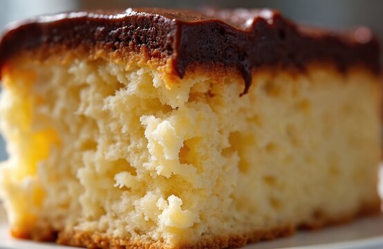 Fluffy biscuit cake slice detail. Moist yellow cake topped with rich dark chocolate frosting. Perfect for baking blogs, recipe sites, or sweet treat promotions.