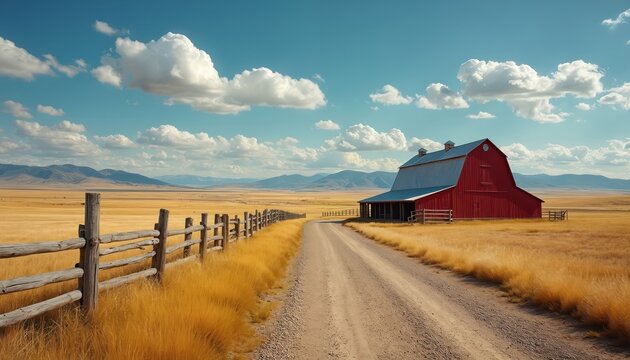 Scenic view of farm in rural area. Red barn stands near dirt road. Fence stretches into distance. Field of golden grass with mountains backdrop under blue sky.