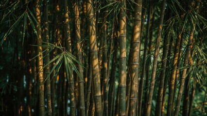Fototapeta premium Dense bamboo forest with tall, green bamboo stalks and leaves. Nature, plants, and woods. The lush vegetation of bamboo.