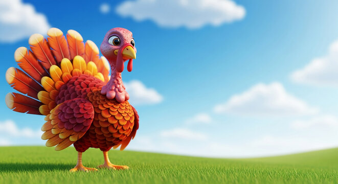Cartoon turkey with colorful plumage, standing on green grass against a blue sky, representing Thanksgiving, autumn harvest, or festive celebration