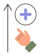 Obraz premium Upward arrow with hand gesture pointing and blue plus sign emphasizing growth, progress, decision-making, success, teamwork, planning, and optimism. Ideal for business growth and simple flat metaphor