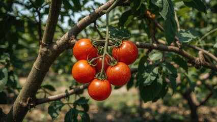 Fototapeta premium Cluster of ripe tomatoes on the vine growing on a tree. Agriculture and farming, fresh produce, food, and harvest concepts. The concept of gardening and crop cultivation.