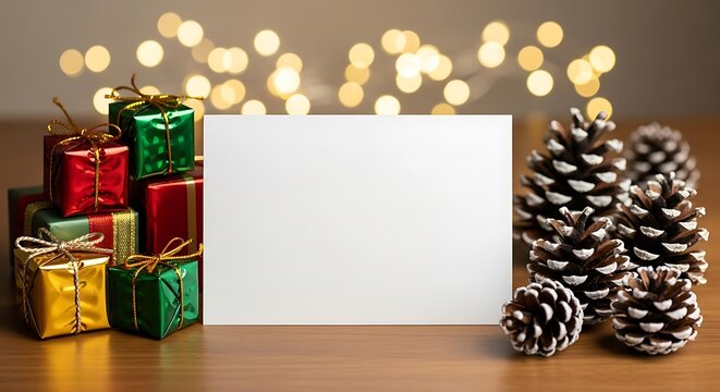 A blank card sits amidst festive Christmas gifts and pinecones with bokeh lights in the background.