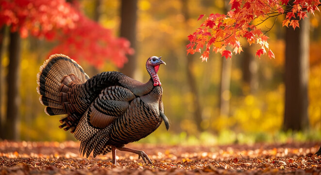A brown turkey walks across leaves. The autumnal scene with red, orange foliage evokes Thanksgiving and seasonal harvest celebration