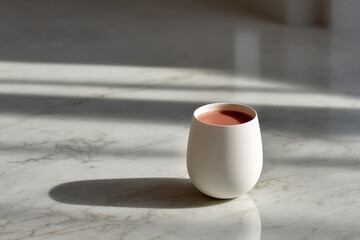 white cup placed elegantly on polished marble surface illuminated by soft morning light