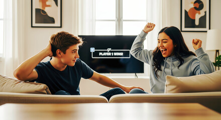 Teenagers playing video games at home, winning. A bright, joyous moment of triumph. Entertainment, competition, home activities.