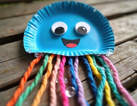 Blue paper plate jellyfish craft with colorful yarn tentacles and googly eyes. Kids DIY project on rustic wood background, fun ocean art activity.
