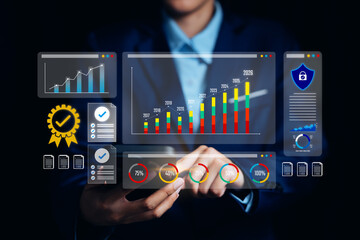 Hand interacting with financial dashboard, performance insight, business analytics, growth evaluation, economic forecasting, accuracy awareness, data intelligence concept