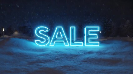 Neon blue SALE sign glowing in the snow at night  