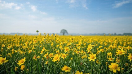 Obraz premium Field of yellow flowers with a clear blue sky, showcasing nature and vibrant colors.