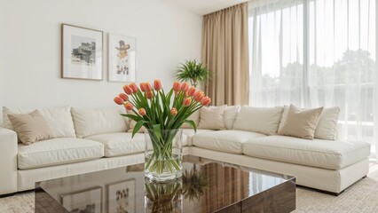 A modern living room with a beige sofa, coffee table, framed artwork, potted plant, and large window with curtains.