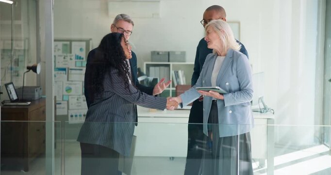 Business, women and meeting with handshake in office for welcome, introduction and recruitment. Employees, interview and shaking hands with agreement, thank you and congratulations for b2b onboarding