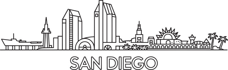 San diego skyline vector illustration outline cityscape with harbor view skyscraper and famous landmarks