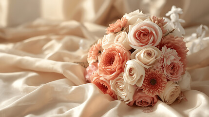 Obraz premium Elegant bridal bouquet of roses and other flowers on satin fabric