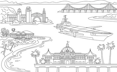 Fototapeta premium San diego vector illustration set outline drawing with balboa park buildings aircraft carrier and bridge