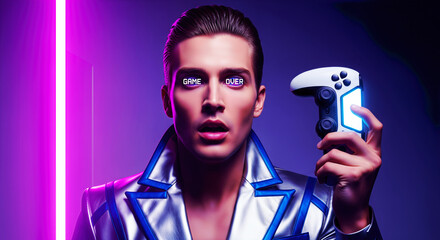 Man holds a game controller with text in his eyes, purple light background. A concept of a retro game experience. Gamer lifestyle, arcade nostalgia, virtual reality.