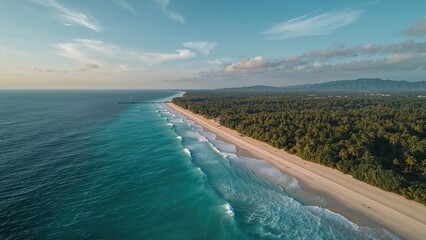 Aerial view of a beach with waves crashing, sandy shore, and lush green forest alongside the coastline under a partly cloudy sky.