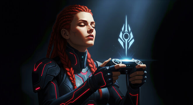 Female cyborg with red braids playing video game in dark setting. Futuristic portrait with virtual interface element. E-sports, immersive entertainment, science fiction.