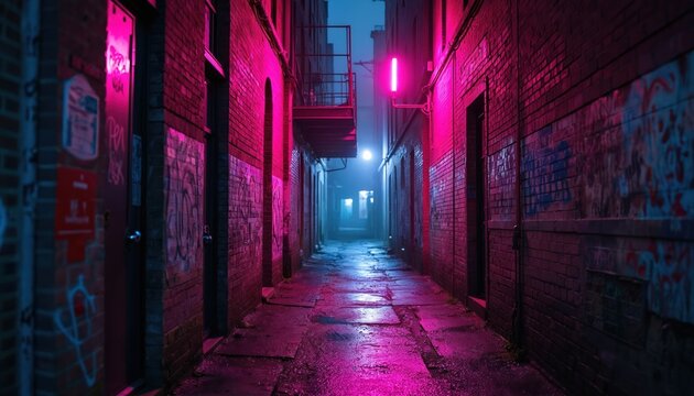 Dark urban alleyway with brick walls covered in graffiti. Pink and blue neon lights cast glows on wet ground. Empty narrow passage at night.