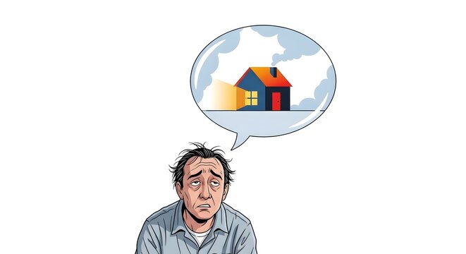Depressed man sitting and imagining a house in thought bubble  
