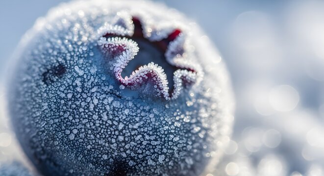 Frost-covered blueberry on cold winter morning with natural lighting  