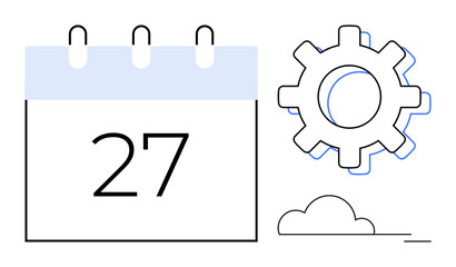 Calendar displaying number 27 paired with a gear and cloud element. Ideal for scheduling, productivity, project planning, automation, teamwork, strategy, goal setting. Clean flat metaphor
