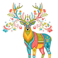 Colorful illustrated deer with floral design and intricate patterns  