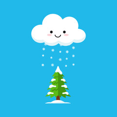 Smiling cloud with snowfall above a green Christmas tree  