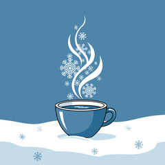 Cozy blue cup of hot beverage with steam on winter background  