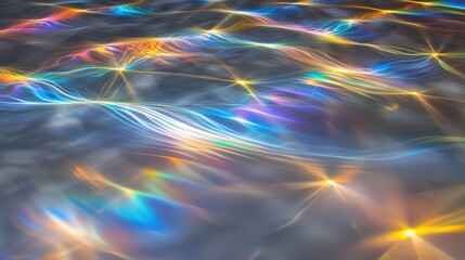 Optical interference grid laser light diffraction creating flowing rainbow spectrum waves with prismatic color bands abstract physics phenomenon dark background