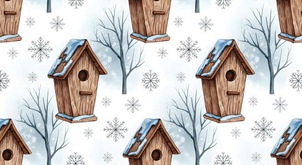 Winter pattern featuring birdhouses and snowflakes on light background  