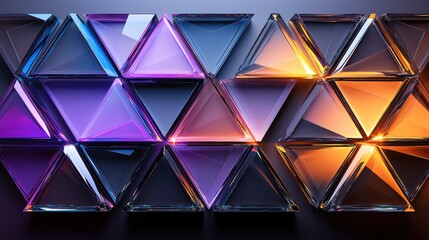 Laser wavelength splitting through prismatic triangular glass array creating vibrant spectrum gradient from violet blue pink to orange yellow with geometric precision optical display