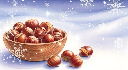 Chestnuts in wooden bowl on snowy background with snowflakes  