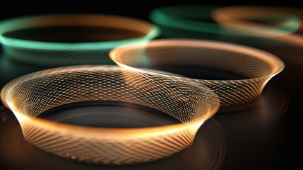 Interference laser rings golden amber emerald green atmospheric patterns overlapping circles geometric optical diffraction phenomena three dimensional space