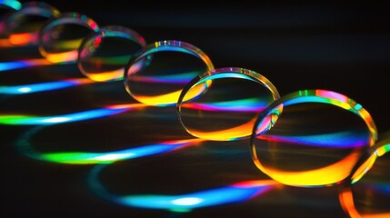 Light diffraction rings through transparent spheres rainbow spectrum refraction patterns dark background optical physics phenomena colorful prismatic effects