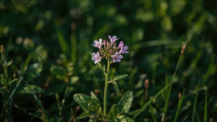 Obraz premium A single purple flower blooming amid green grass and foliage.