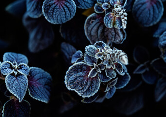Natural autumn landscape with blue plants covered with cold clear crystals of hoarfrost on a frosty...