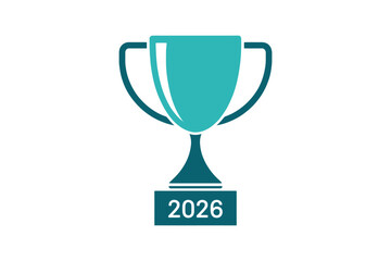 A teal trophy with the year 2026 displayed on its base signifies achievement.