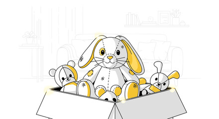 Cute toy bunny and stuffed animals in a cardboard box at home  