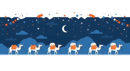 Camels walking under a night sky with stars and mountains in background  