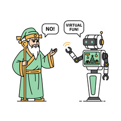Cartoon robot interacting with wise old man discussing virtual fun  