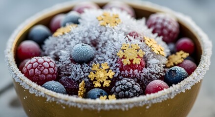 Frosted berries with decorative snowflakes in a golden bowl  