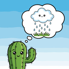 Cute cactus dreaming of rain with smiling cloud on blue background  