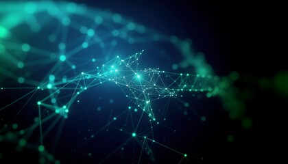 An abstract representation of a complex network or data visualization, depicted in shades of blue and green against a dark backdrop. The interconnected nodes and lines evoke a sense of connectivity.